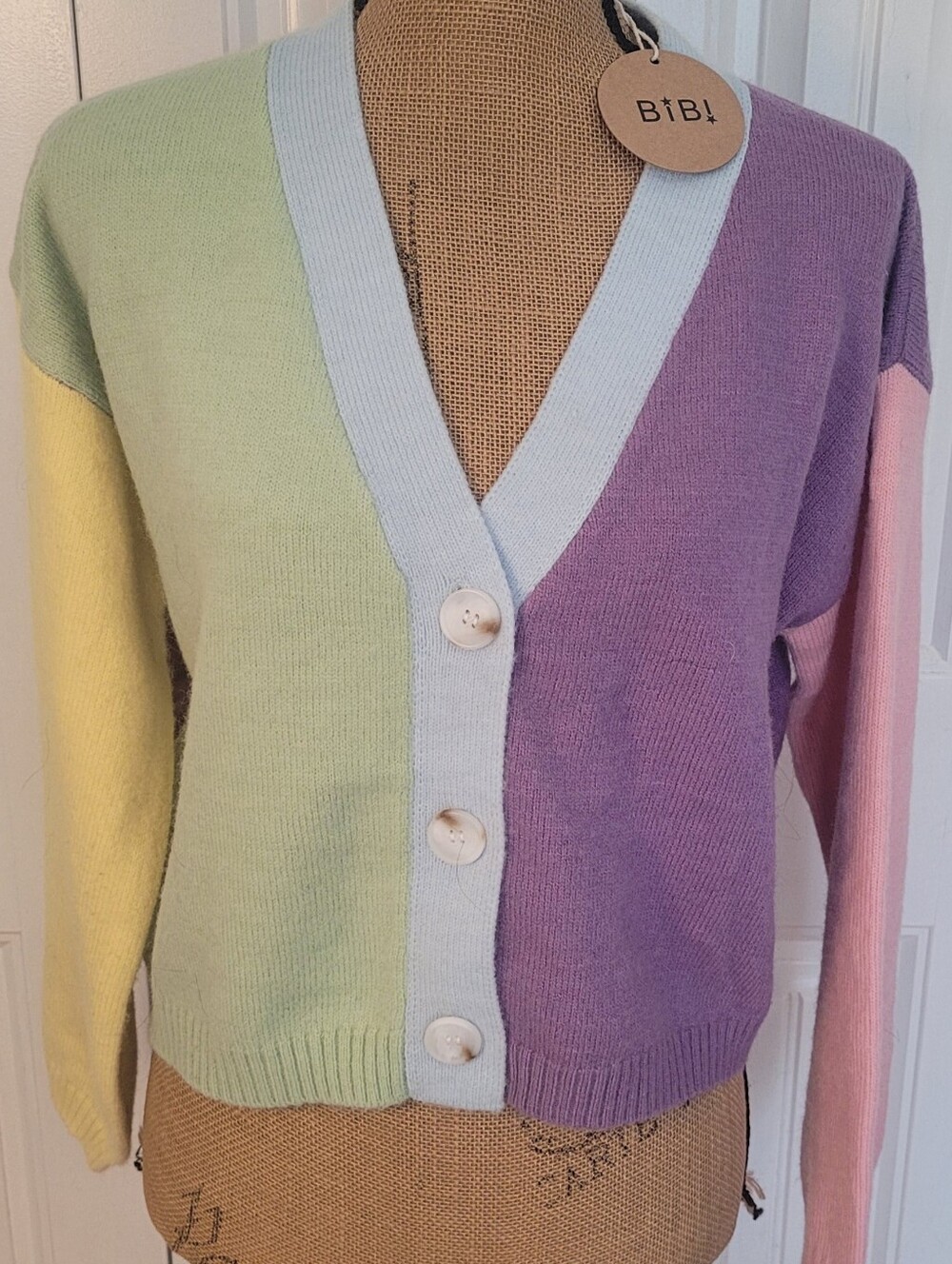 BiBi ColorBock Pastel Shorter Cardigan, NWT, S 💜💛🩵💚🩷